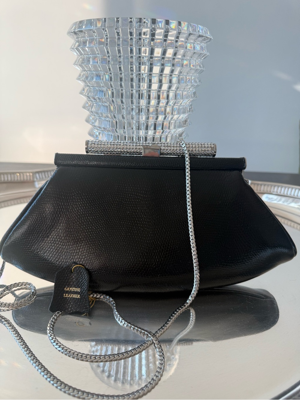Black Leather Evening Clutch with Silver Chain